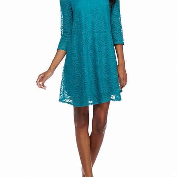 Sharagano Peacock Teal Lace Trapeze Dress - Picture 4 of 9
